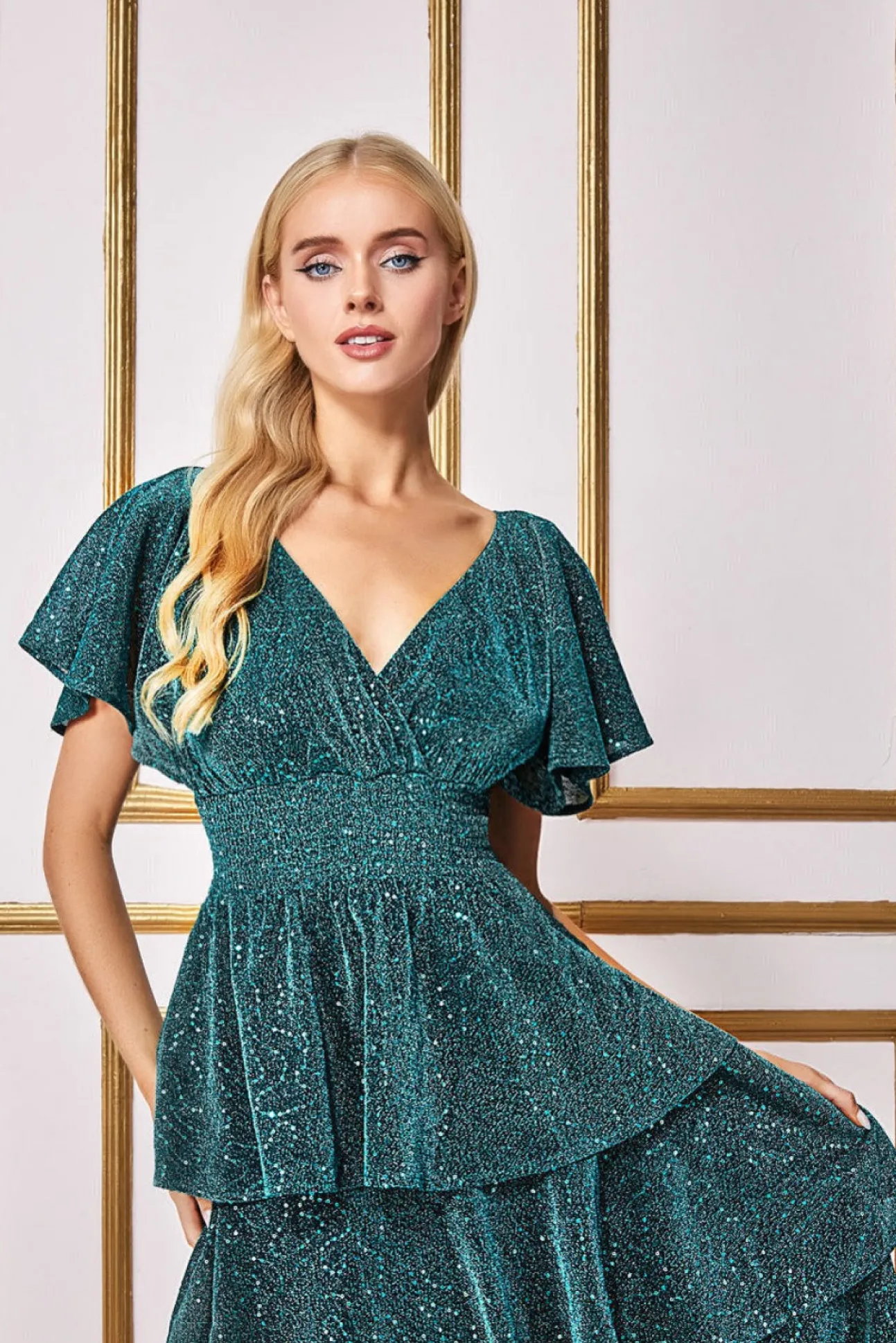 Women * Sequin Lurex Tiered Maxi Dress - Teal Blue