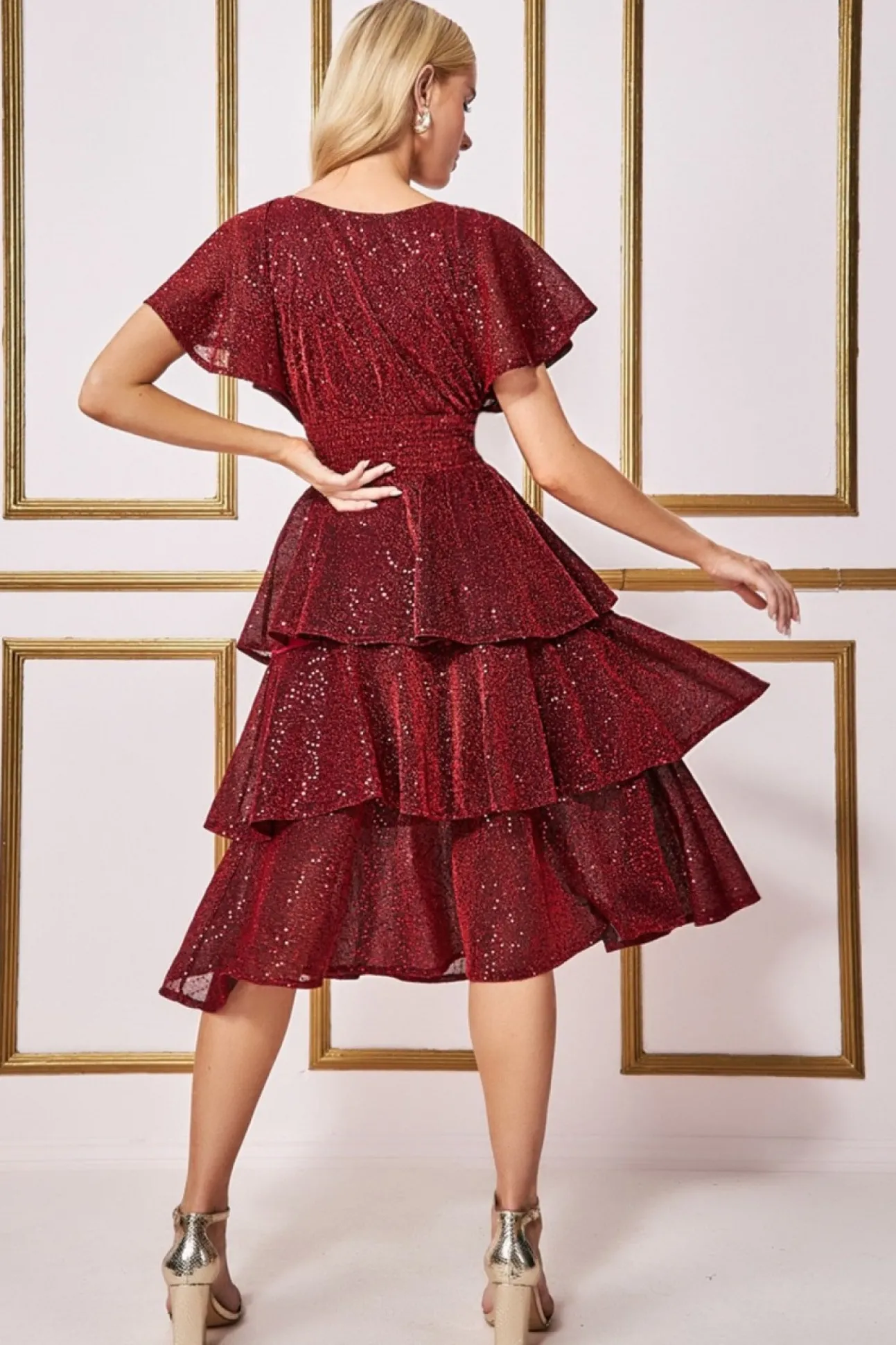 Women * Sequin Lurex Tiered Midi Dress