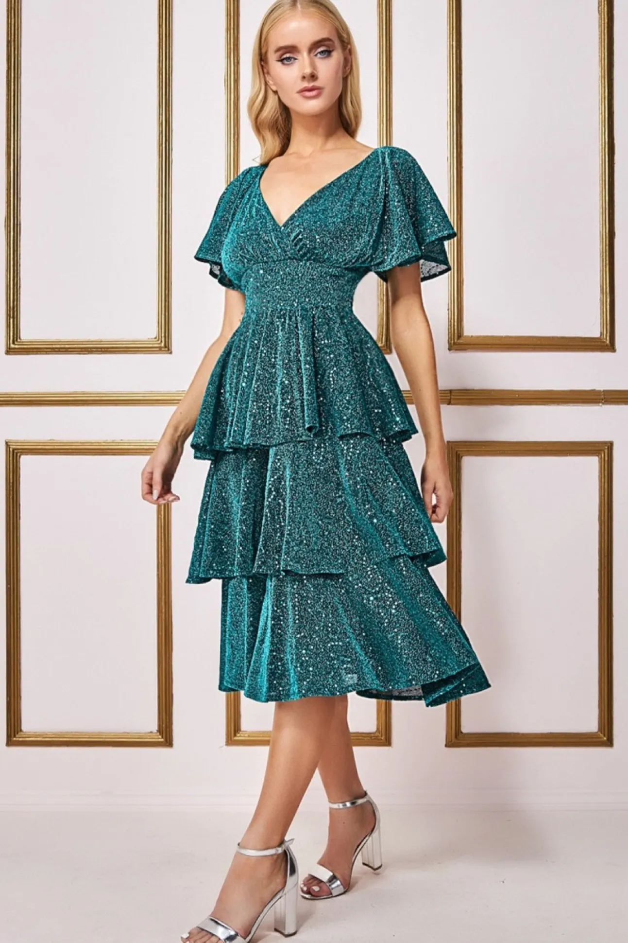 Women * Sequin Lurex Tiered Midi Dress