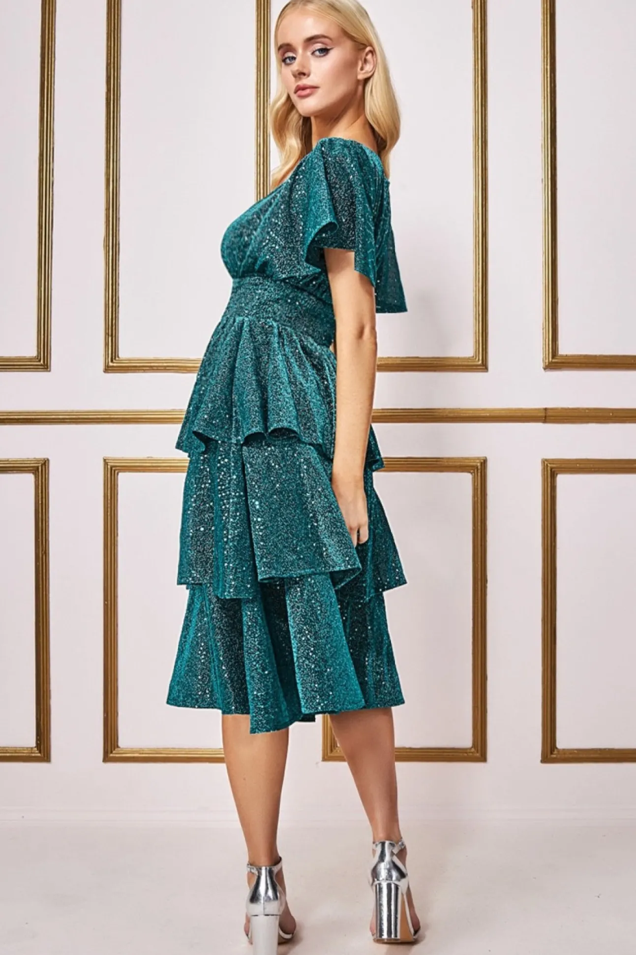 Women * Sequin Lurex Tiered Midi Dress