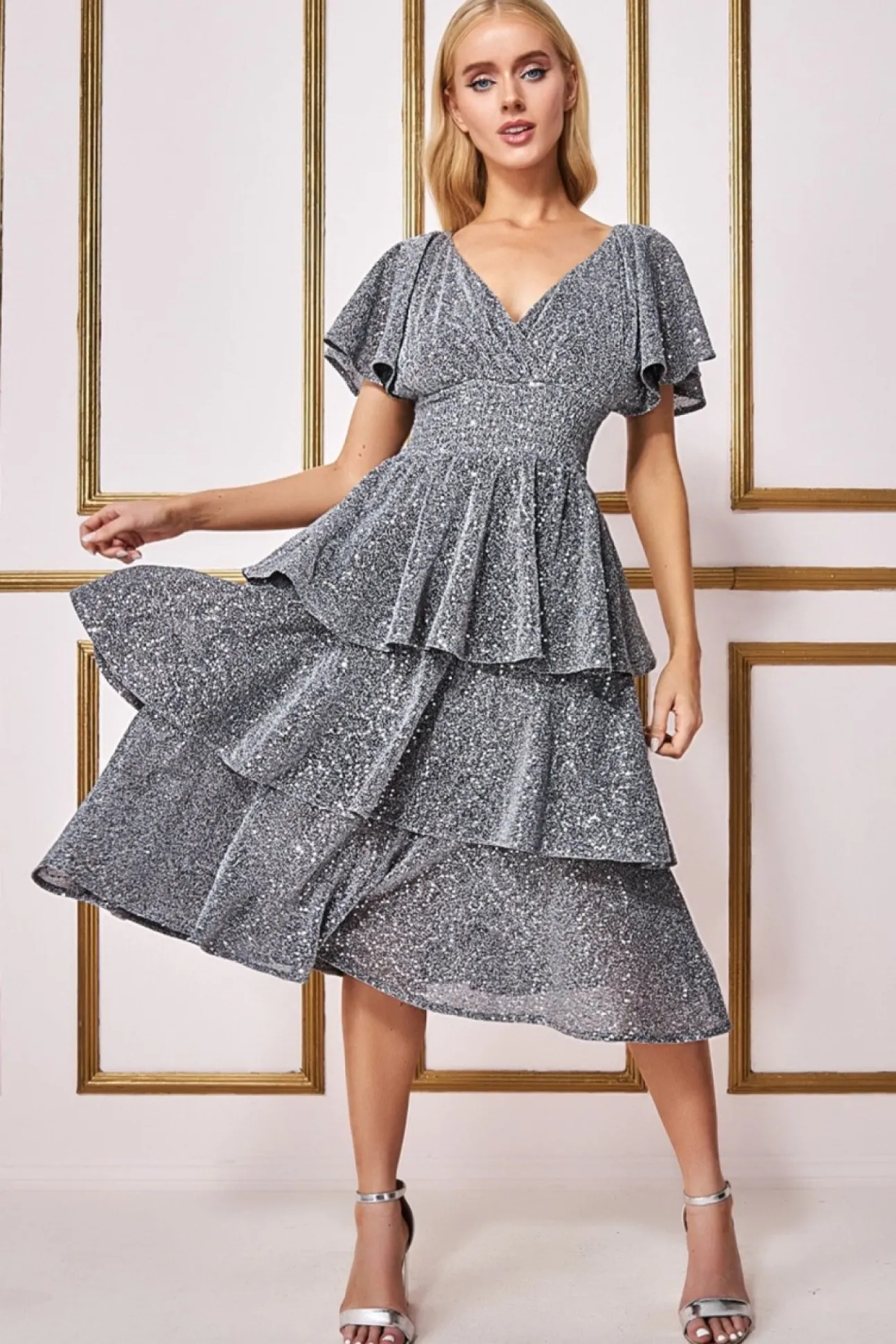 Women * Sequin Lurex Tiered Midi Dress