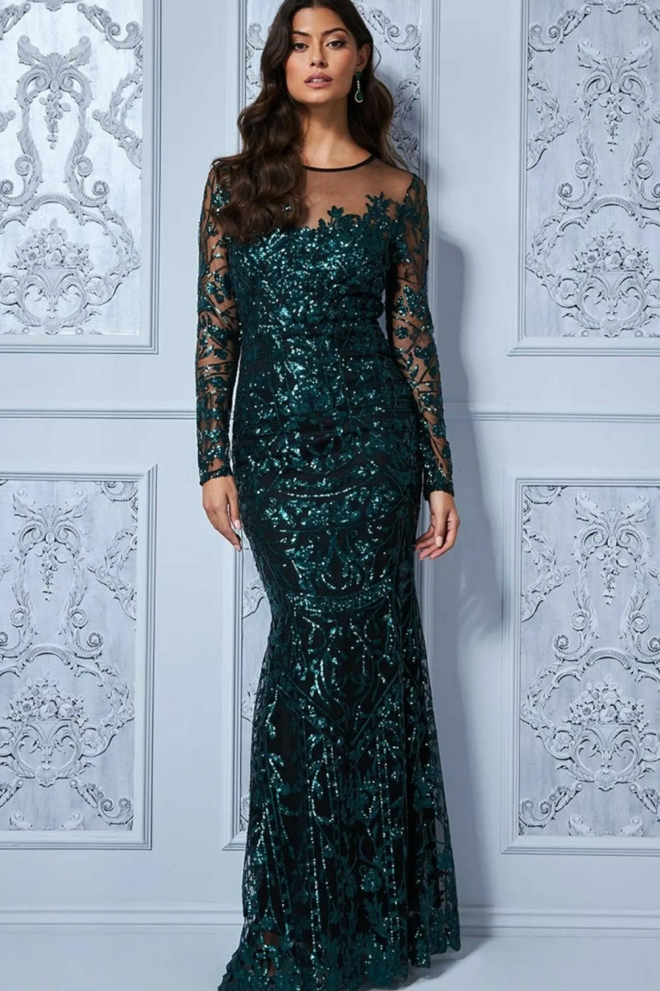 Women * Sequin Mesh Embroidered Maxi Green