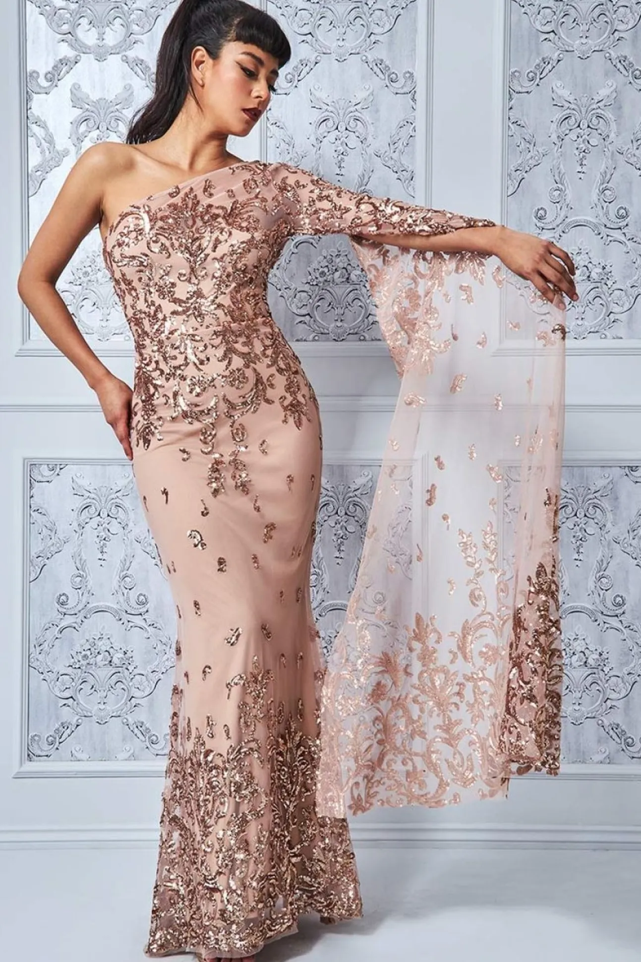 Women * Sequin Mesh One Shoulder Evening Maxi