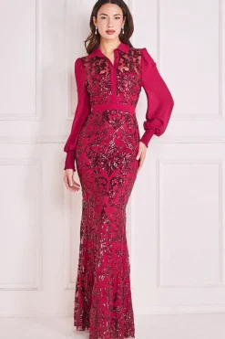 Women * Sequin Mesh Shirt Maxi Chiffon Sleeves