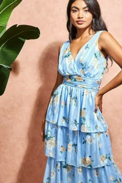 Women * Tiered Chiffon Floral Maxi - Powder Blue