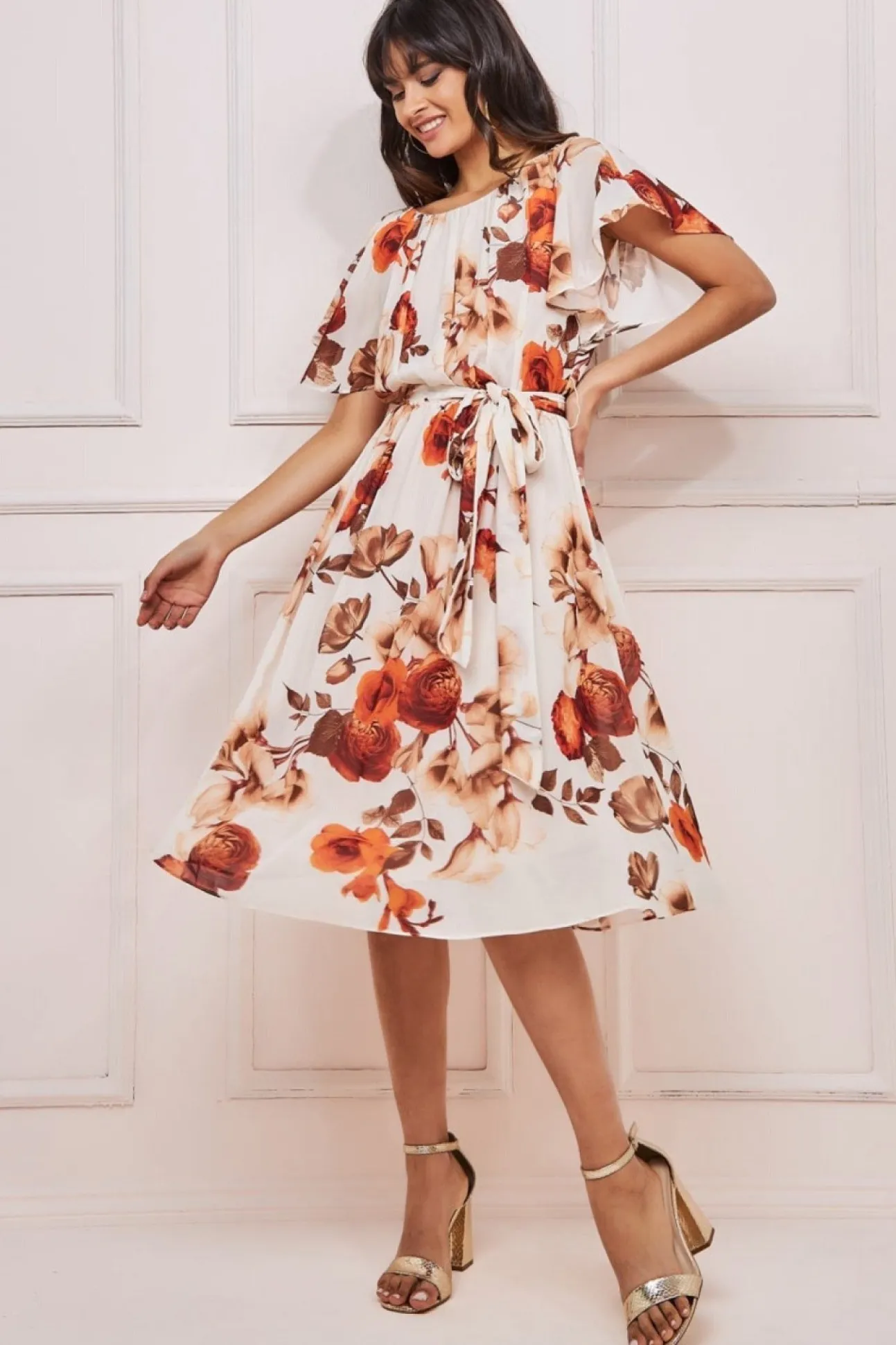 Women * Wrap Back Flutter Sleeve Midi