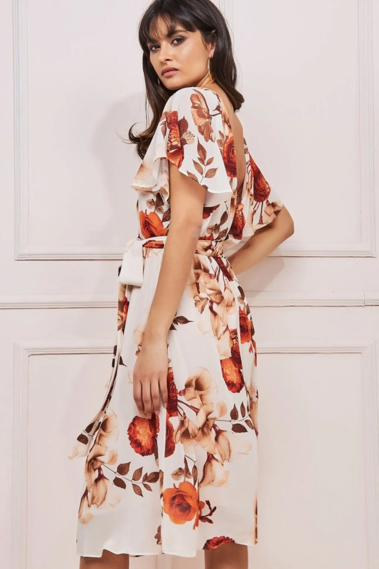 Women * Wrap Back Flutter Sleeve Midi