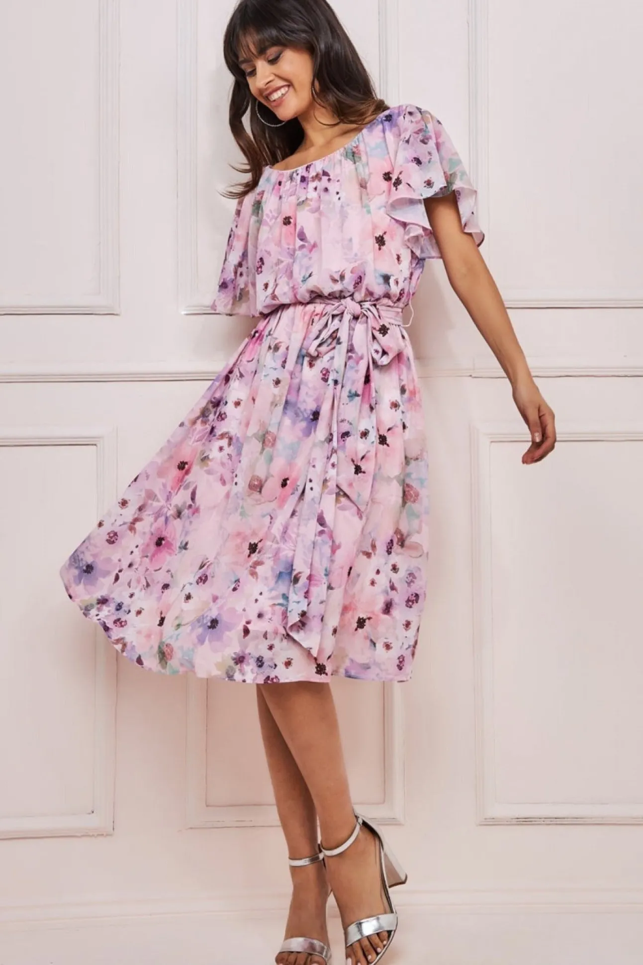 Women * Wrap Back Flutter Sleeve Midi