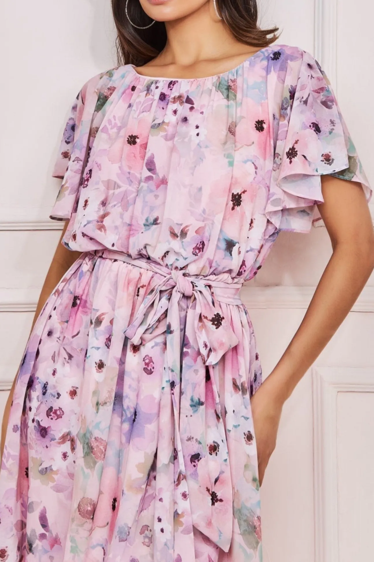Women * Wrap Back Flutter Sleeve Midi