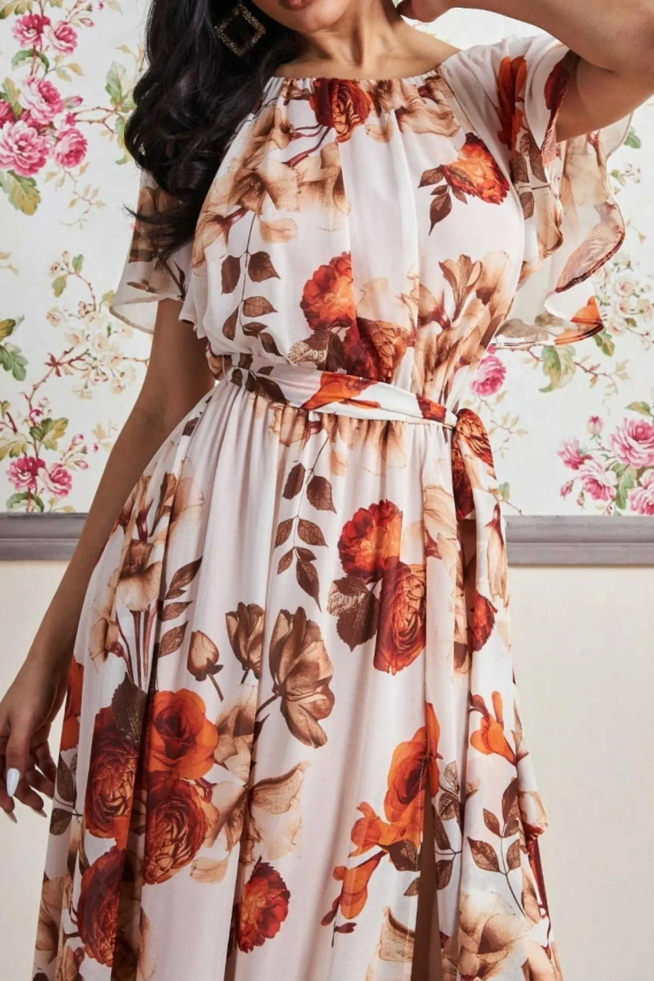 Women * Wrap Back Flutter Sleeve Maxi Dress