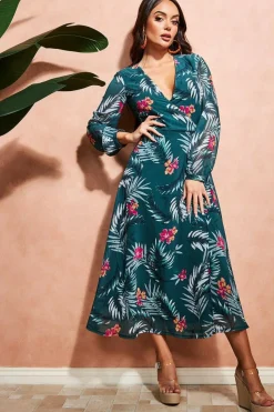 Women City Goddess Floral Print Wrap Midi Dress