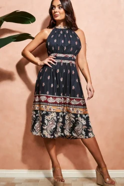 Women City Goddess Halter Neck Printed Midi Dress