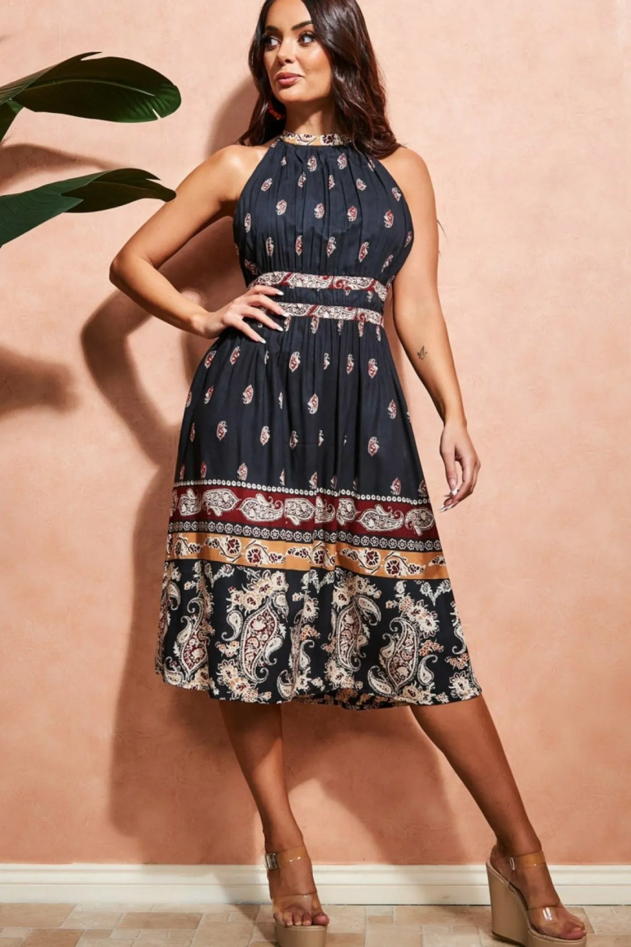 Women City Goddess Halter Neck Printed Midi Dress