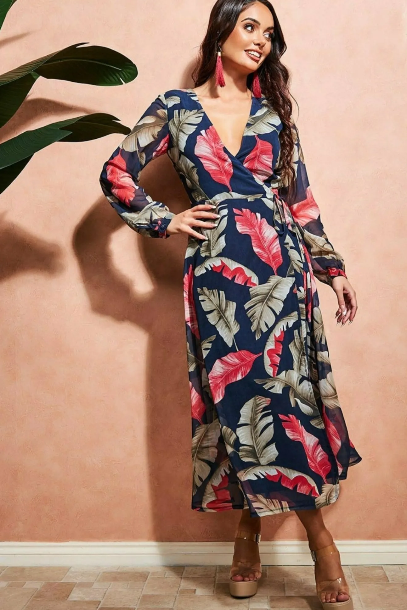 Women City Goddess Printed Wrap Midi Dress