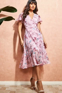 Women City Goddess Wrap Flutter Sleeve Floral Midi Dress