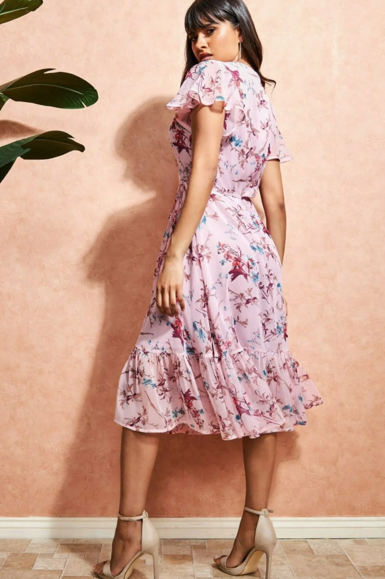 Women City Goddess Wrap Flutter Sleeve Floral Midi Dress