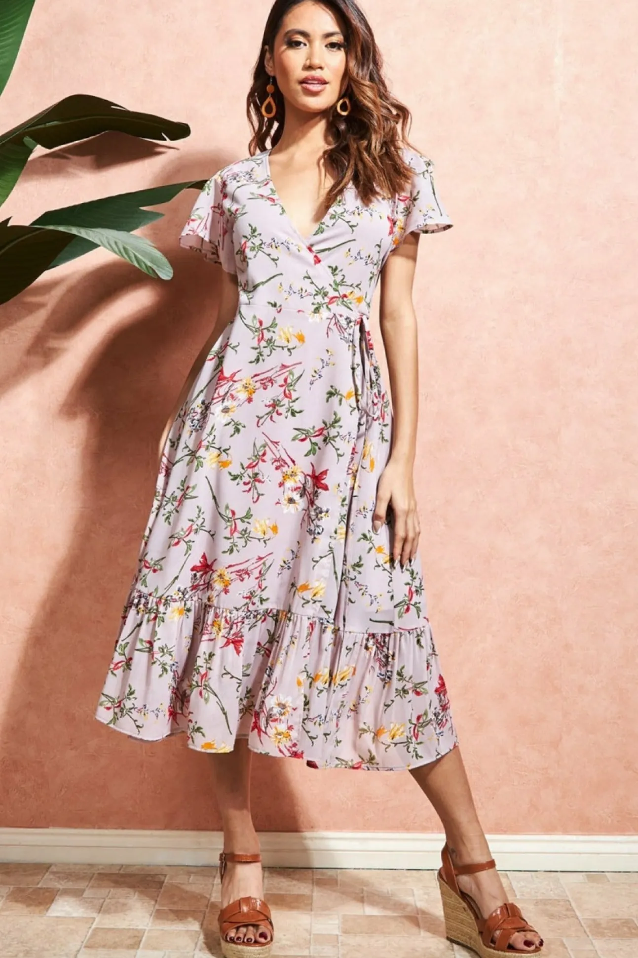 Women City Goddess Wrap Flutter Sleeve Floral Midi Dress