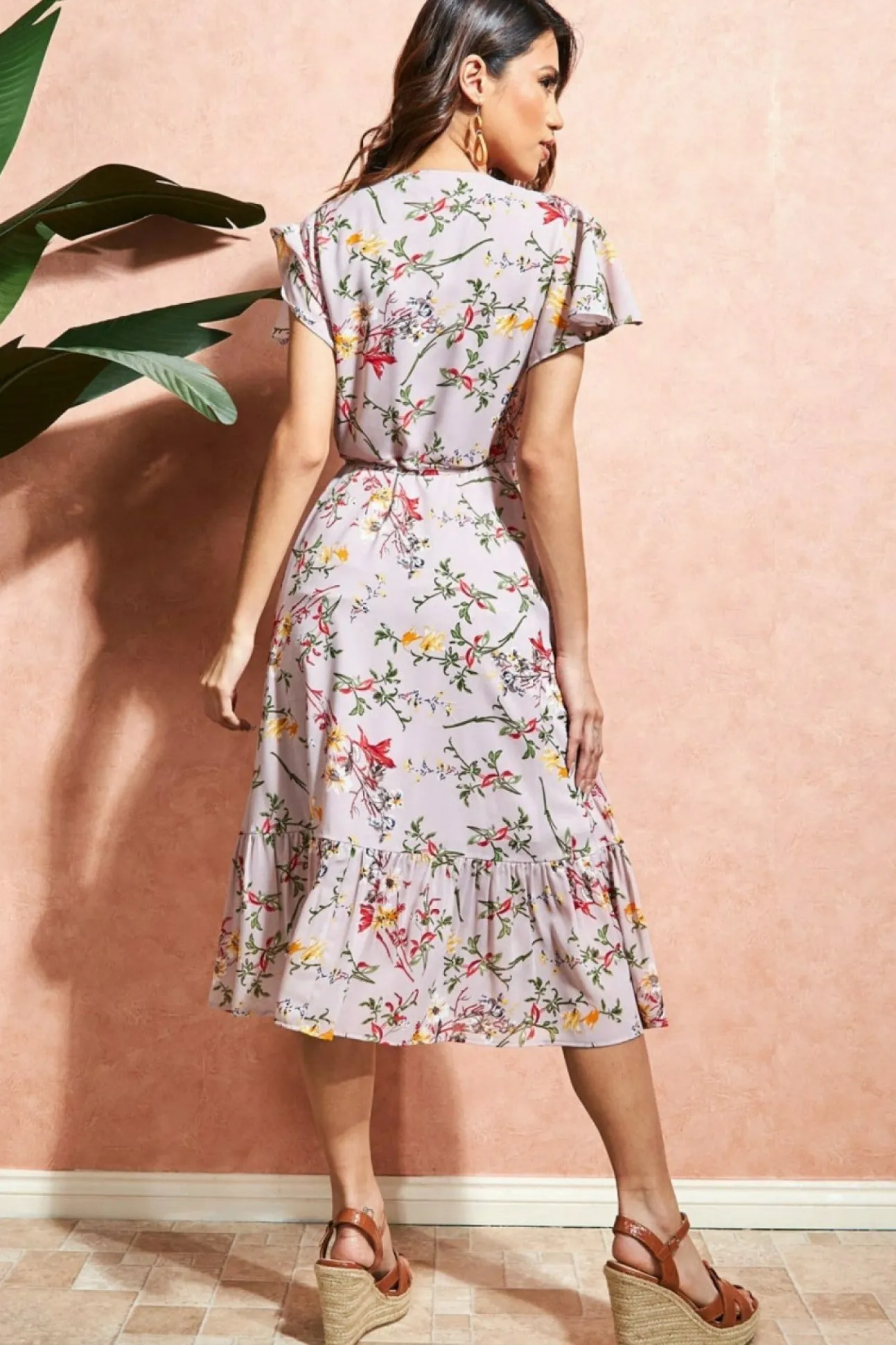 Women City Goddess Wrap Flutter Sleeve Floral Midi Dress