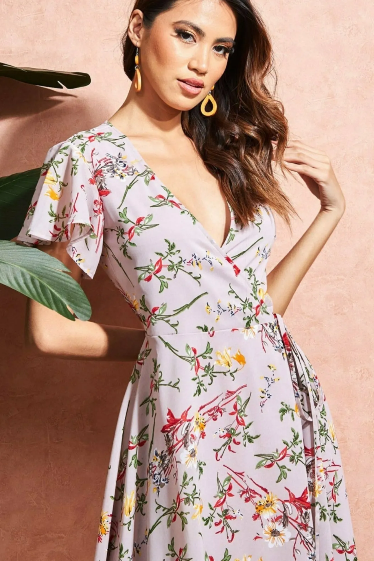 Women City Goddess Wrap Flutter Sleeve Floral Midi Dress