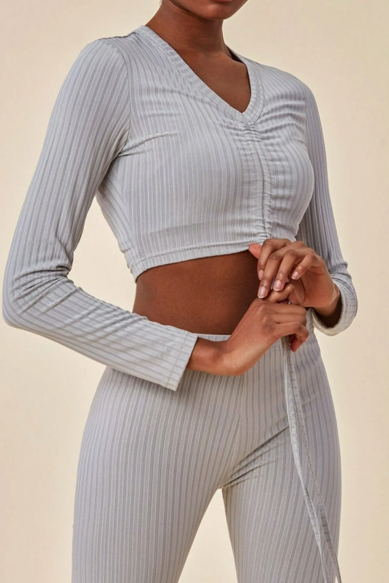 Women Cosmochic Ribbed Drawstring Crop Top With Leggings Set