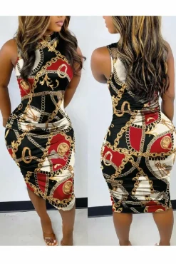 Women De La Creme Fashions Chain Scarf Print Ruched Dress