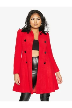 Women De La Creme Fashions Double Breast Velvet Trim Skater Coat