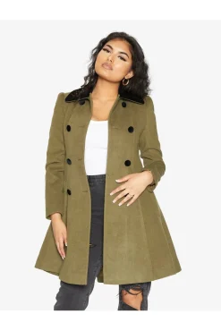 Women De La Creme Fashions Double Breast Velvet Trim Skater Coat