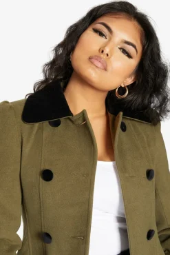 Women De La Creme Fashions Double Breast Velvet Trim Skater Coat