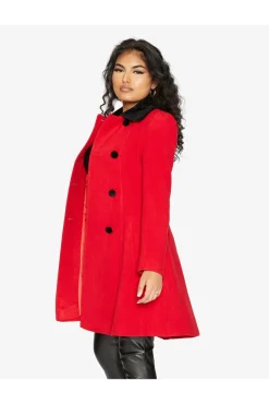 Women De La Creme Fashions Double Breast Velvet Trim Skater Coat