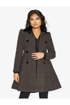Women De La Creme Fashions Double Breast Velvet Trim Skater Coat