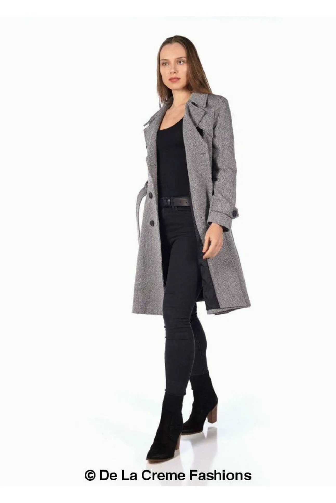 Women De La Creme Fashions Herringbone Tweed Blend Trench Coat