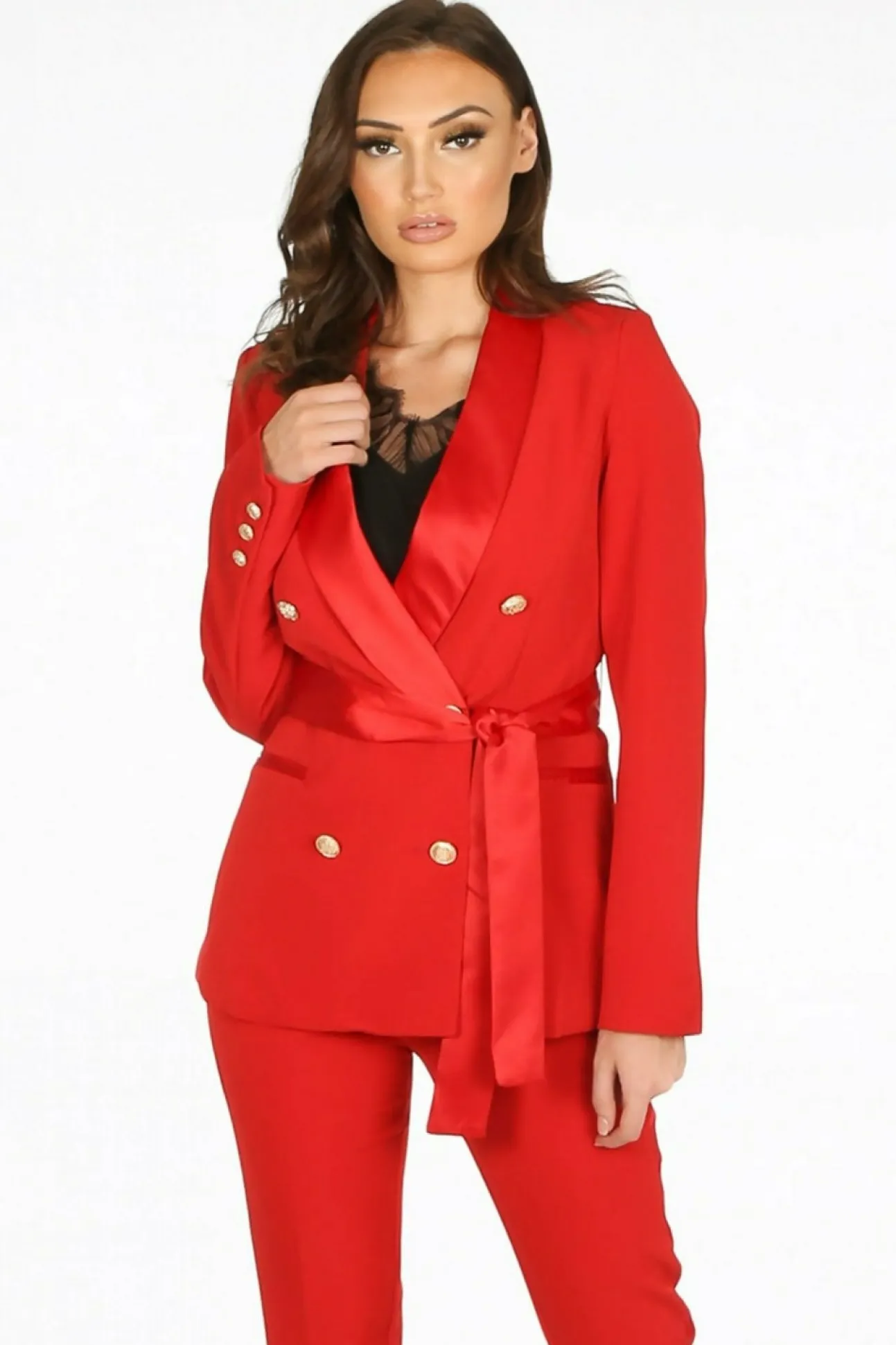 Women De La Creme Fashions Tailo Belted Blazer With Satin Lapel