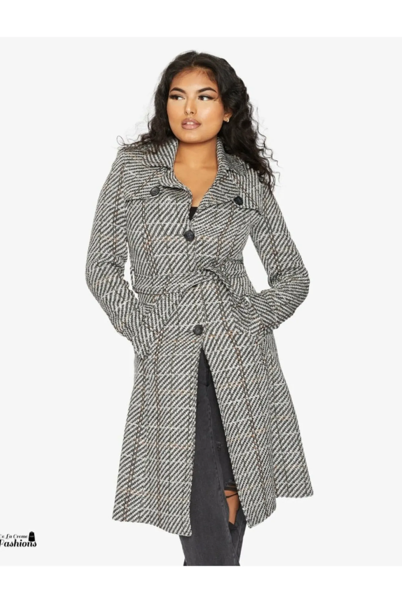 Women De La Creme Fashions Wool Blend Check Military Duster Coat
