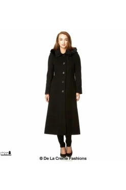 Women De La Creme Fashions Wool Blend Faux Fur Trim Hood Long Coat