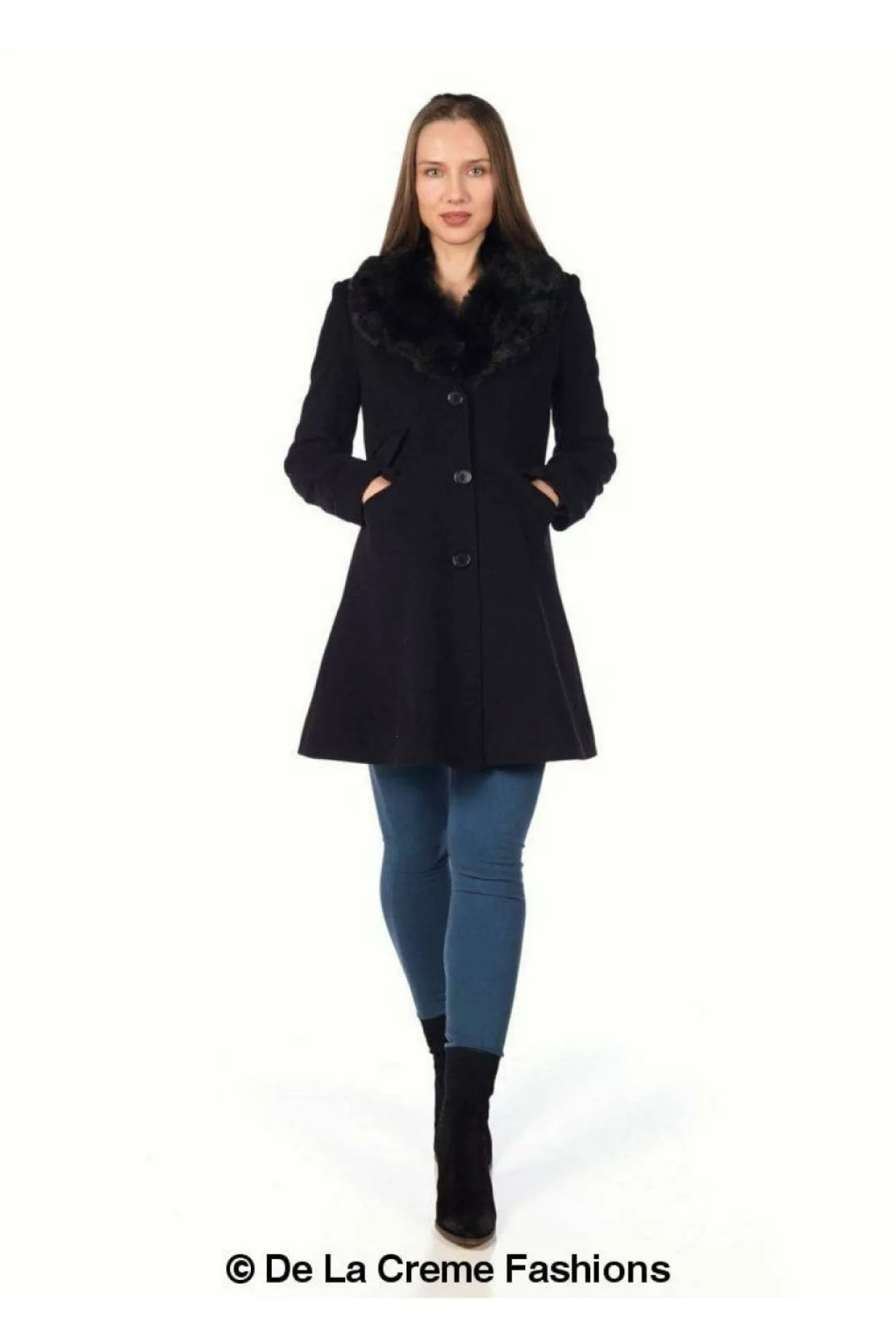 Women De La Creme Fashions Wool Blend Faux Fur Collar Midi Coat