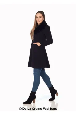 Women De La Creme Fashions Wool Blend Faux Fur Collar Midi Coat