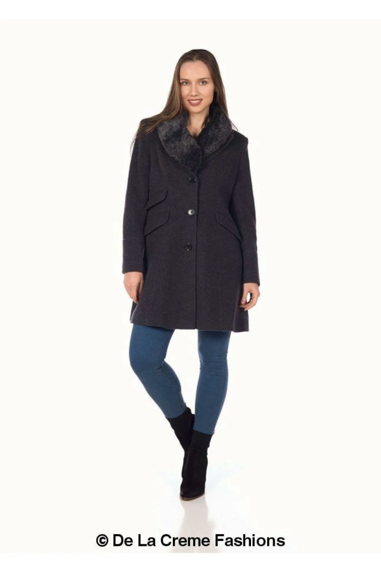 Women De La Creme Fashions Wool Blend Faux Fur Collar Midi Coat