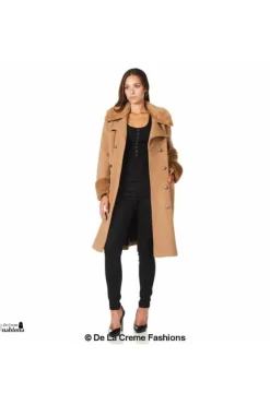 Women De La Creme Fashions Wool Blend Faux Fur Trim Midi Coat