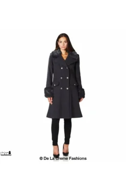 Women De La Creme Fashions Wool Blend Faux Fur Trim Midi Coat