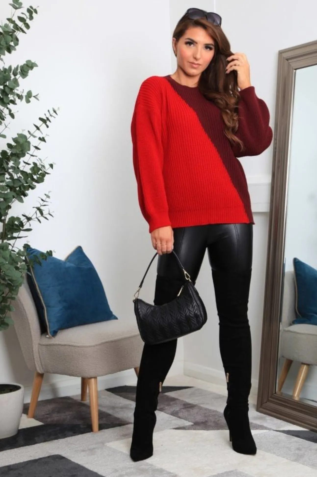 Women Double Second And Burgundy Diagonal Contrast Colour Block Oversized Knit Jumper