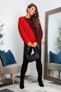 Women Double Second And Burgundy Diagonal Contrast Colour Block Oversized Knit Jumper