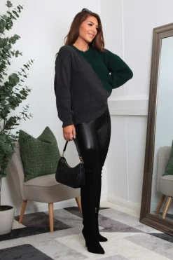 Women Double Second And Grey Diagonal Contrast Colour Block Oversized Knit Jumper