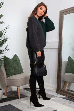 Women Double Second And Grey Diagonal Contrast Colour Block Oversized Knit Jumper
