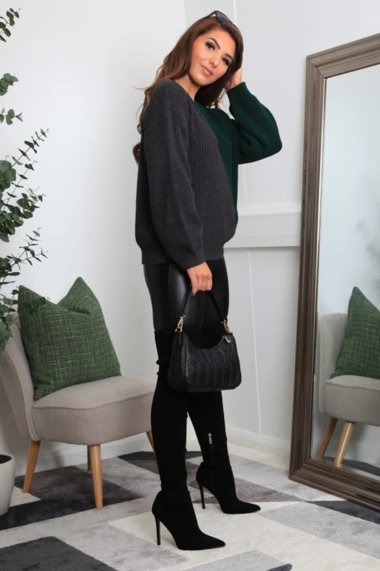 Women Double Second And Grey Diagonal Contrast Colour Block Oversized Knit Jumper