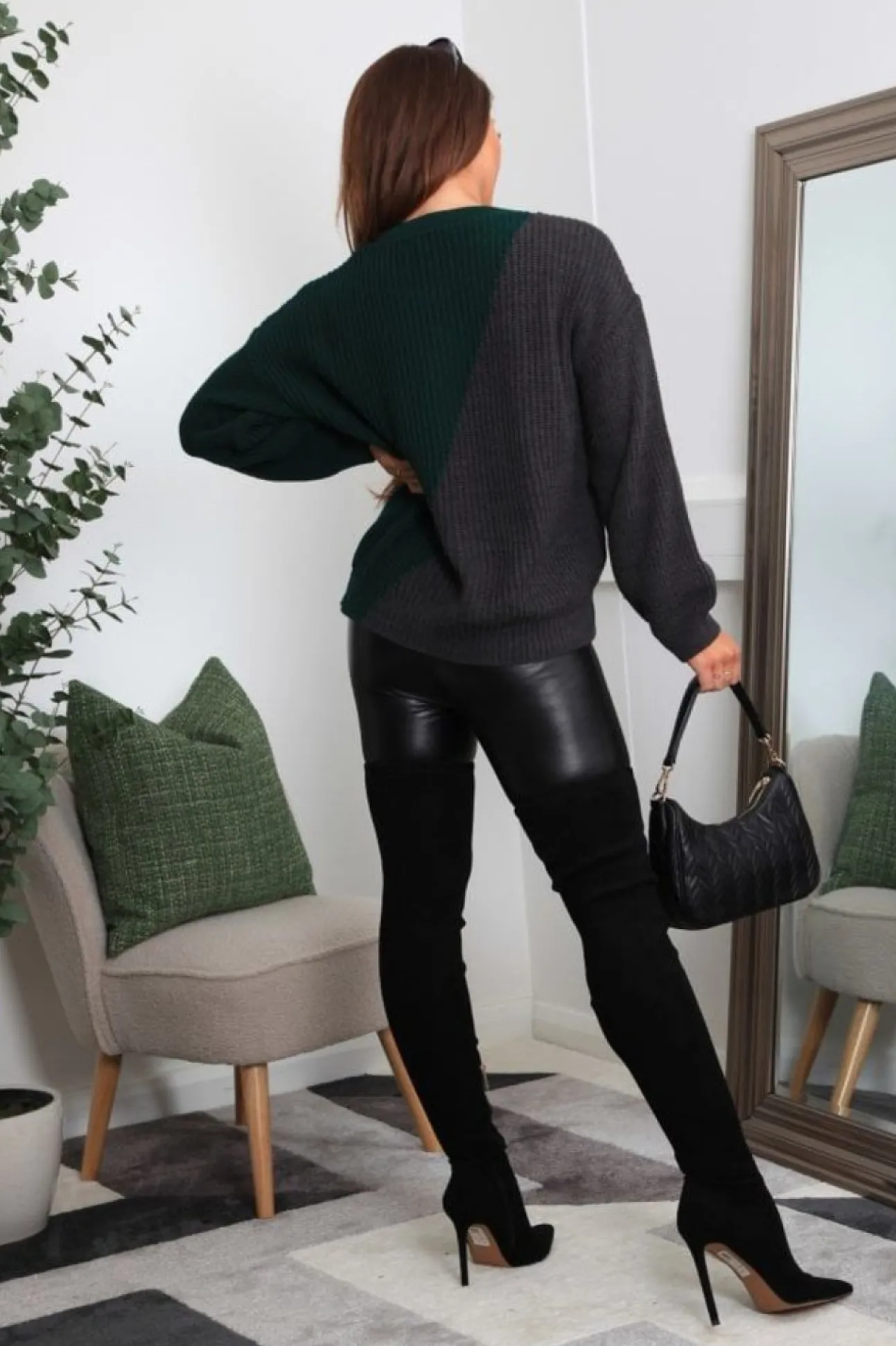 Women Double Second And Grey Diagonal Contrast Colour Block Oversized Knit Jumper