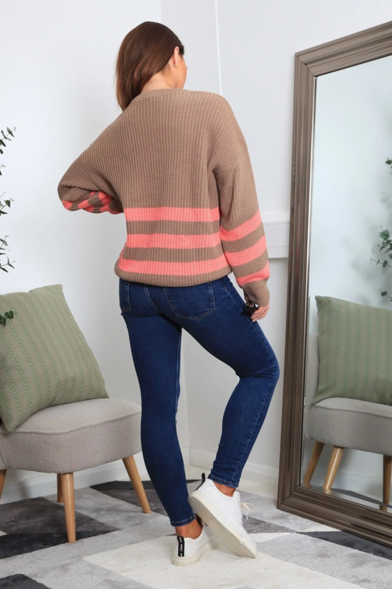 Women Double Second And Pink Striped Oversized Knit Jumper