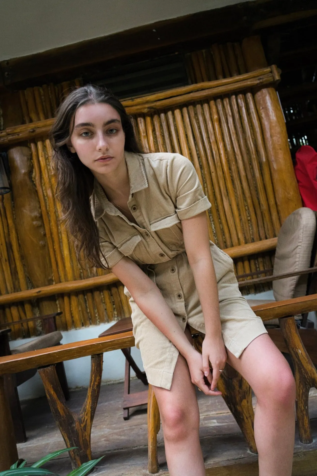 Women Double Second Corduroy Belted Shirt Dress