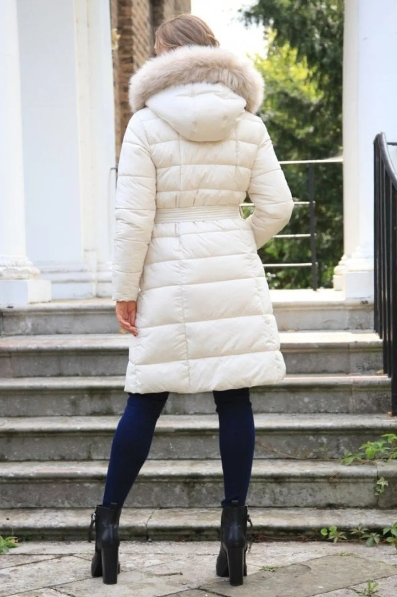 Women Double Second Ecru Glam Belted Long Puffer Coat