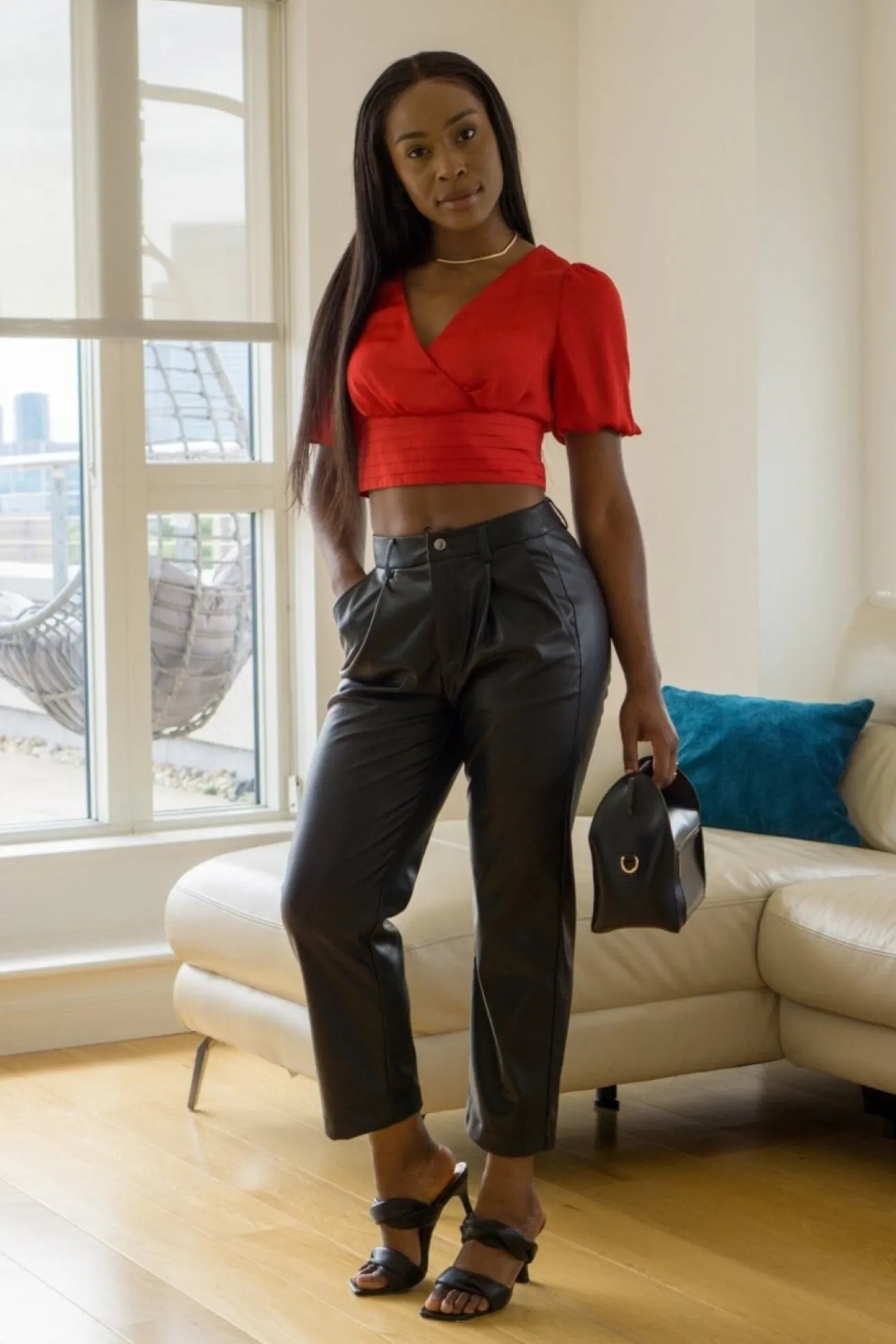 Women Double Second Faux Leather Taper Leg Trousers