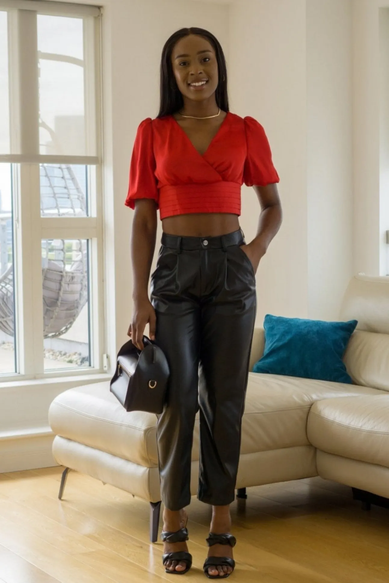 Women Double Second Faux Leather Taper Leg Trousers